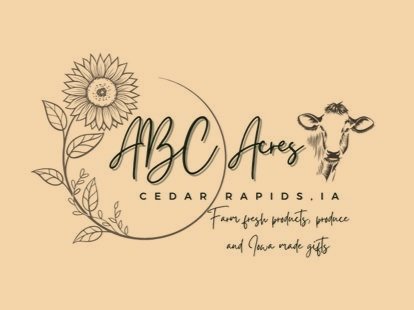cropped (1) Logo of ABC Acres, a farm in Cedar Rapids, IA, featuring a sunflower and cow illustration, promoting fresh farm products, produce, and handmade gifts.