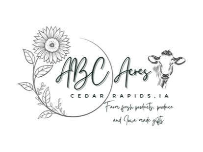 Logo of ABC Acres, a farm in Cedar Rapids, IA, featuring a sunflower, cow illustration, and text highlighting farm-fresh products, produce, and homemade gifts.